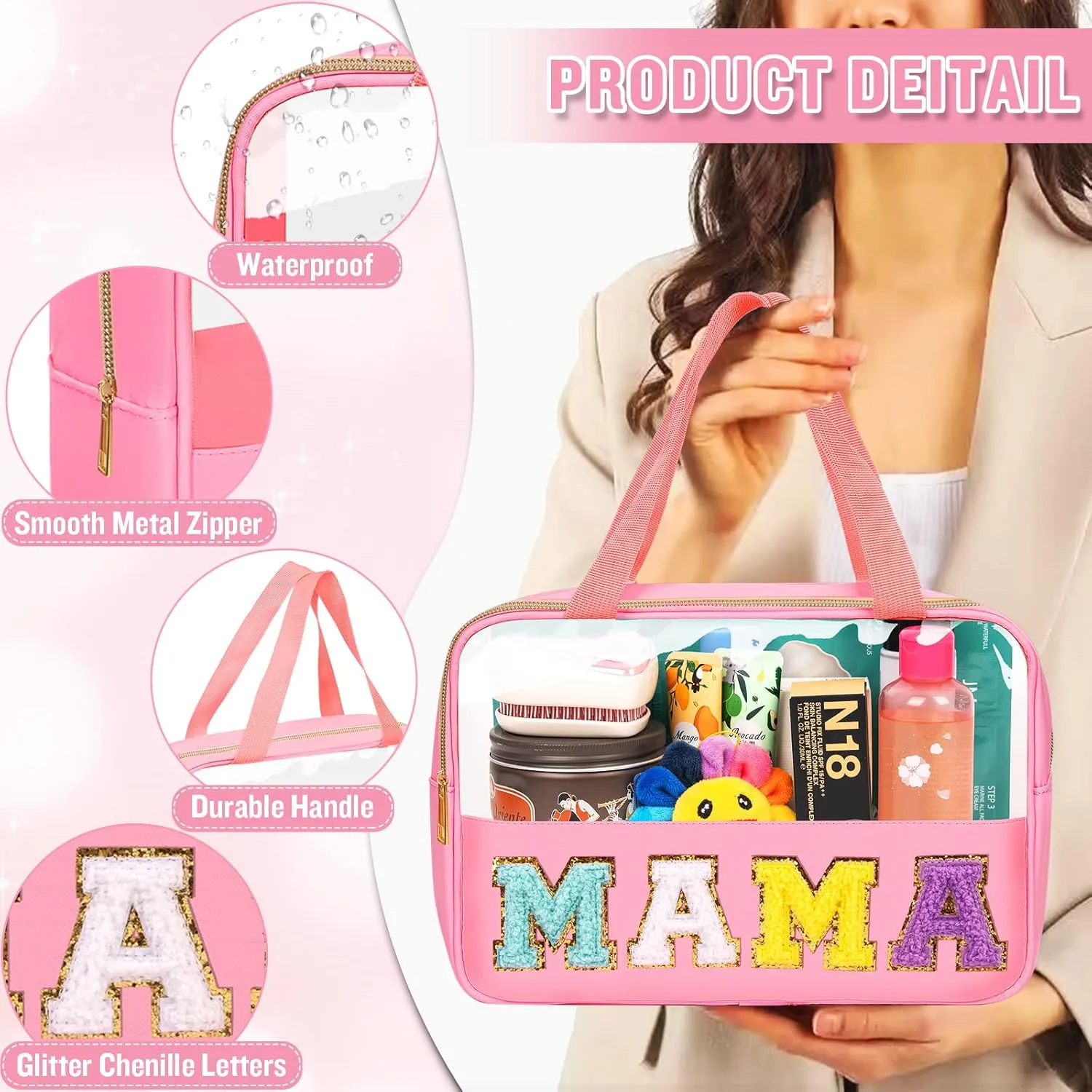 Chenille Letter Clear Makeup Bags Mama Tote, Preppy Patch Makeup Bag Zipper with Handle, Waterproof PVC & Nylon Portable Glitter Large Cosmetic Travel Toiletry Storage Bag for Women Girls(MAMA-Pink)