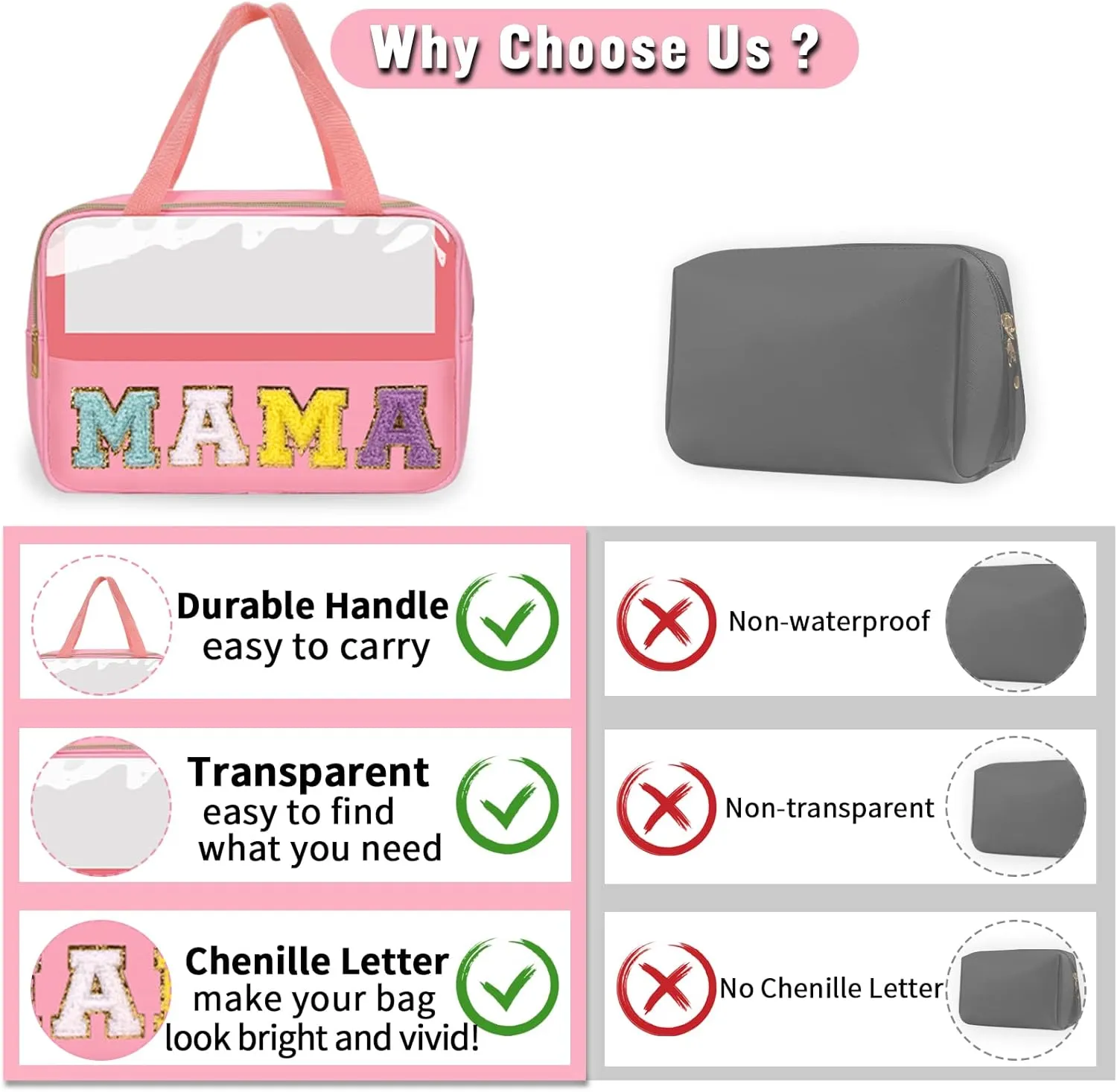 Chenille Letter Clear Makeup Bags Mama Tote, Preppy Patch Makeup Bag Zipper with Handle, Waterproof PVC & Nylon Portable Glitter Large Cosmetic Travel Toiletry Storage Bag for Women Girls(MAMA-Pink)