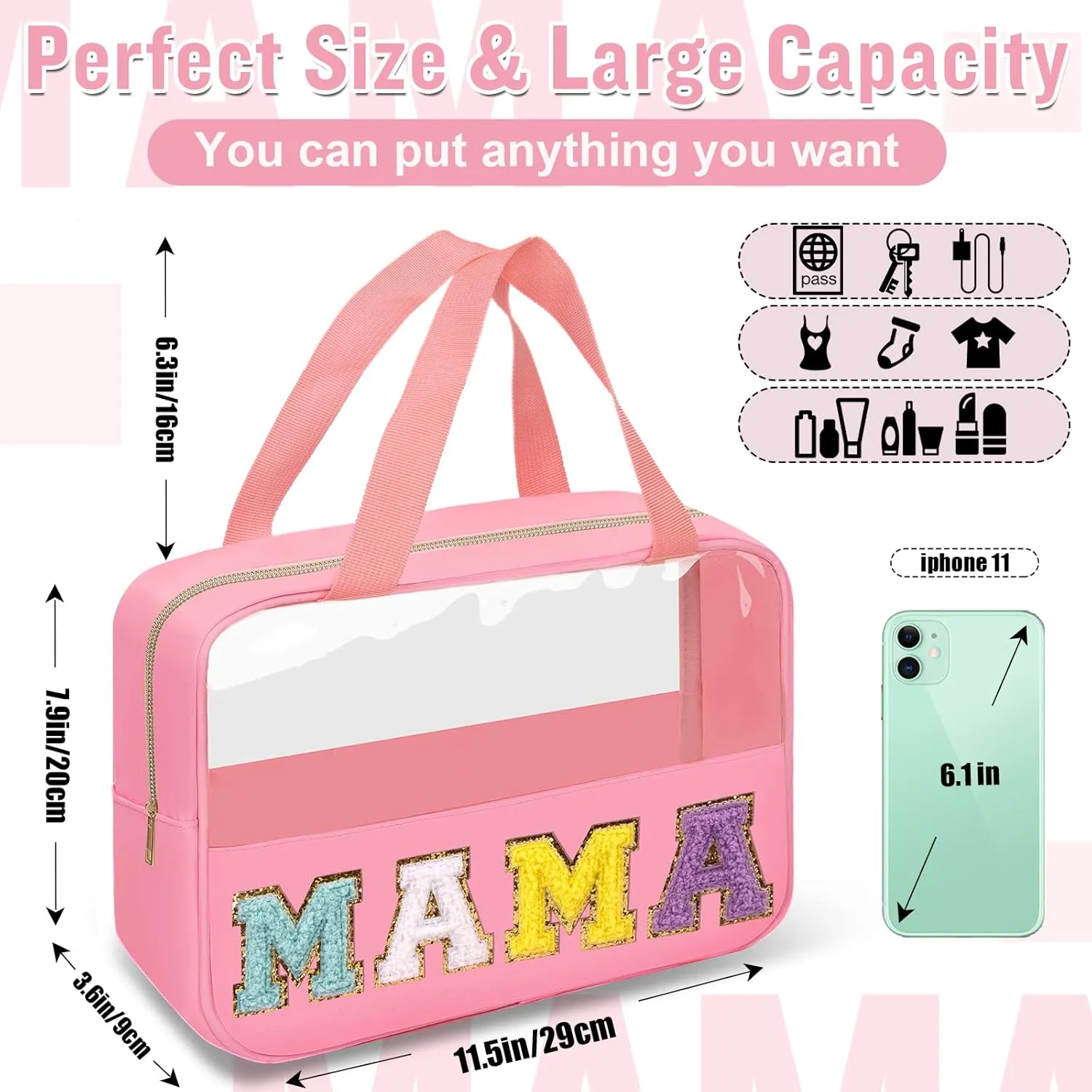 Chenille Letter Clear Makeup Bags Mama Tote, Preppy Patch Makeup Bag Zipper with Handle, Waterproof PVC & Nylon Portable Glitter Large Cosmetic Travel Toiletry Storage Bag for Women Girls(MAMA-Pink)