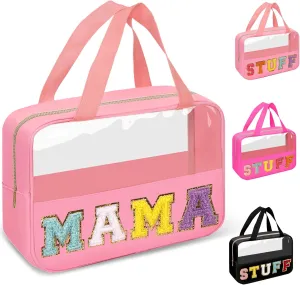 Chenille Letter Clear Makeup Bags Mama Tote, Preppy Patch Makeup Bag Zipper with Handle, Waterproof PVC & Nylon Portable Glitter Large Cosmetic Travel Toiletry Storage Bag for Women Girls(MAMA-Pink)
