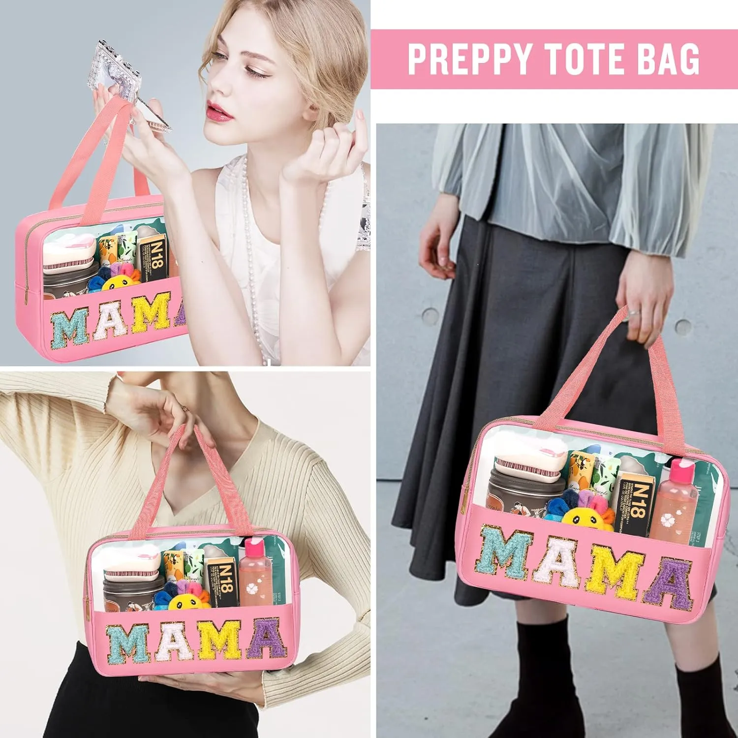 Chenille Letter Clear Makeup Bags Mama Tote, Preppy Patch Makeup Bag Zipper with Handle, Waterproof PVC & Nylon Portable Glitter Large Cosmetic Travel Toiletry Storage Bag for Women Girls(MAMA-Pink)