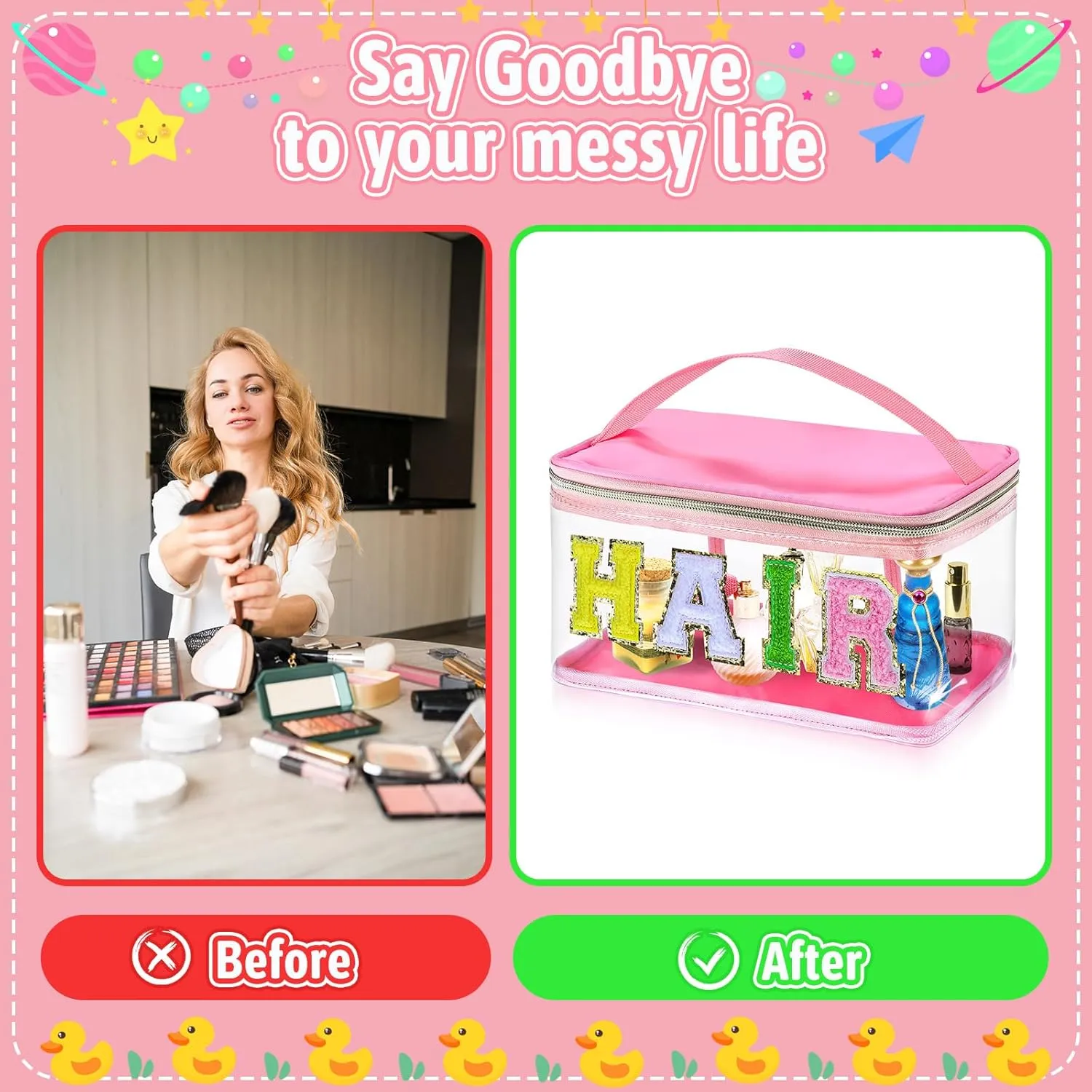 Chenille Letter Clear Makeup Bags, Preppy Pink Hair Bag Chenille Patch Makeup Bag Travel Cosmetic Bag with Handle Zipper Waterproof TPU Hair Accessories Organizer Pouch for Women Girl