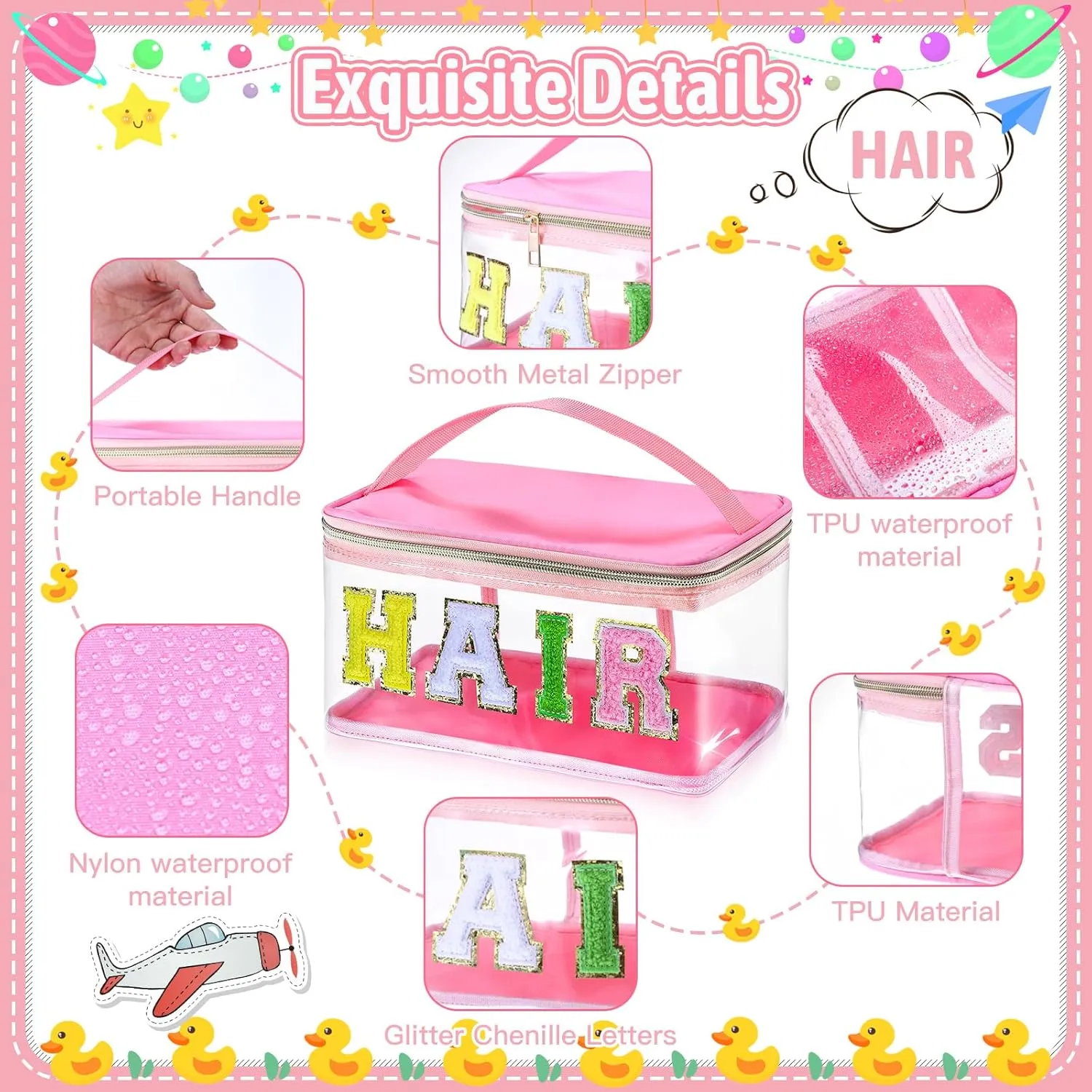 Chenille Letter Clear Makeup Bags, Preppy Pink Hair Bag Chenille Patch Makeup Bag Travel Cosmetic Bag with Handle Zipper Waterproof TPU Hair Accessories Organizer Pouch for Women Girl