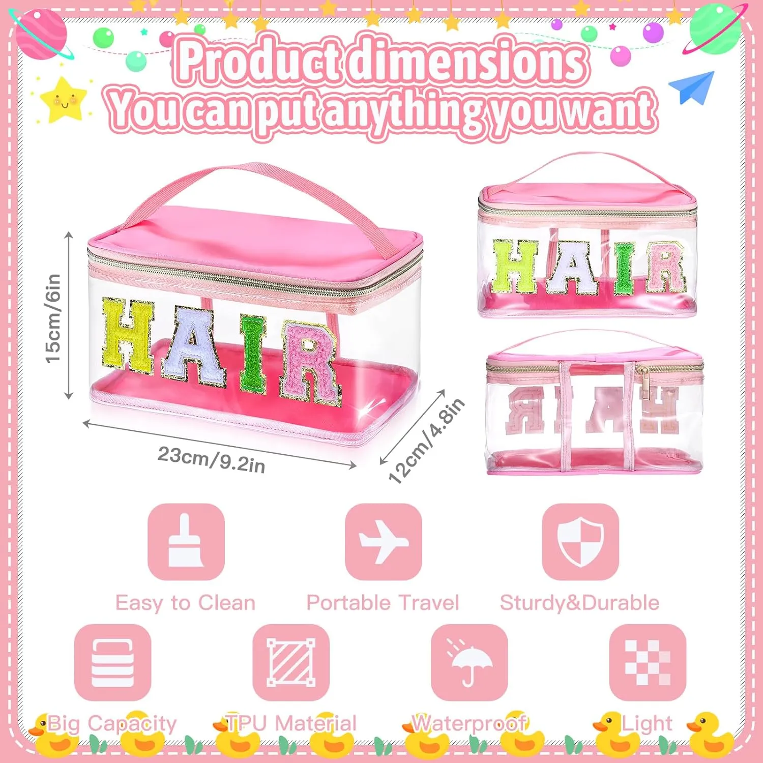 Chenille Letter Clear Makeup Bags, Preppy Pink Hair Bag Chenille Patch Makeup Bag Travel Cosmetic Bag with Handle Zipper Waterproof TPU Hair Accessories Organizer Pouch for Women Girl