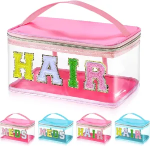 Chenille Letter Clear Makeup Bags, Preppy Pink Hair Bag Chenille Patch Makeup Bag Travel Cosmetic Bag with Handle Zipper Waterproof TPU Hair Accessories Organizer Pouch for Women Girl
