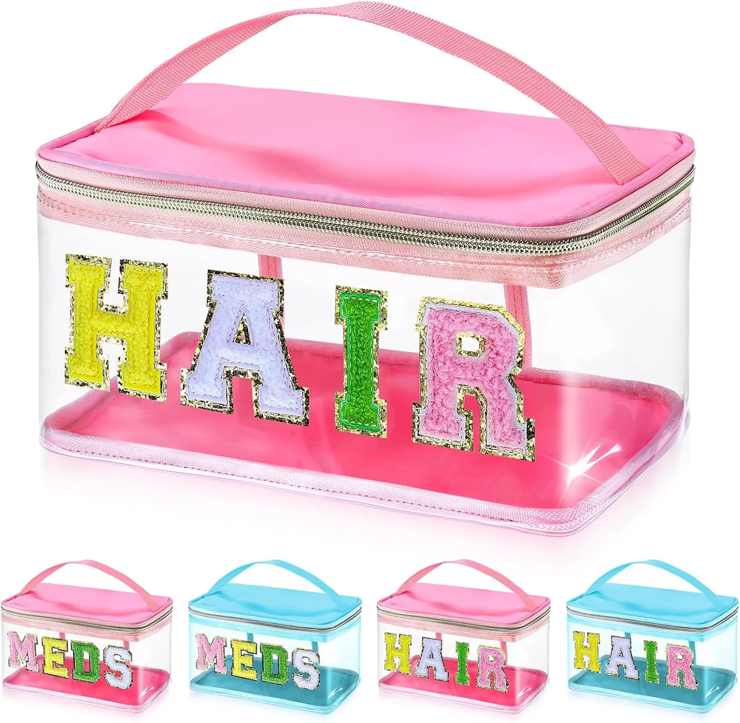 Chenille Letter Clear Makeup Bags, Preppy Pink Hair Bag Chenille Patch Makeup Bag Travel Cosmetic Bag with Handle Zipper Waterproof TPU Hair Accessories Organizer Pouch for Women Girl