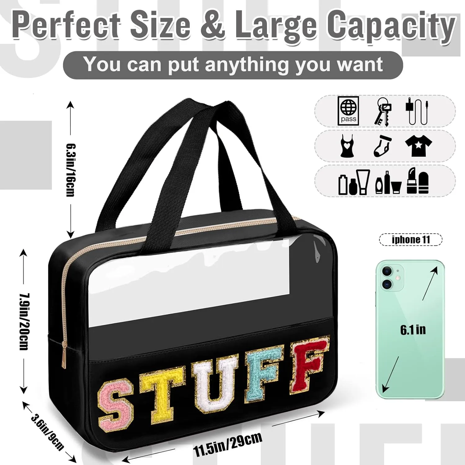 Chenille Letter Clear Makeup Bags Stuff Tote, Preppy Patch Makeup Bag Zipper with Handle, Waterproof PVC & Nylon Portable Glitter Large Cosmetic Travel Toiletry Storage for Women Girls(STUFF-Black)