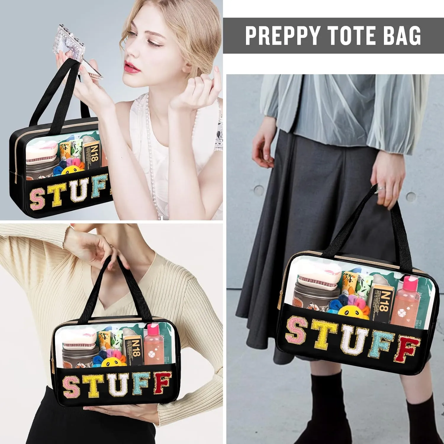 Chenille Letter Clear Makeup Bags Stuff Tote, Preppy Patch Makeup Bag Zipper with Handle, Waterproof PVC & Nylon Portable Glitter Large Cosmetic Travel Toiletry Storage for Women Girls(STUFF-Black)
