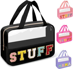 Chenille Letter Clear Makeup Bags Stuff Tote, Preppy Patch Makeup Bag Zipper with Handle, Waterproof PVC & Nylon Portable Glitter Large Cosmetic Travel Toiletry Storage for Women Girls(STUFF-Black)