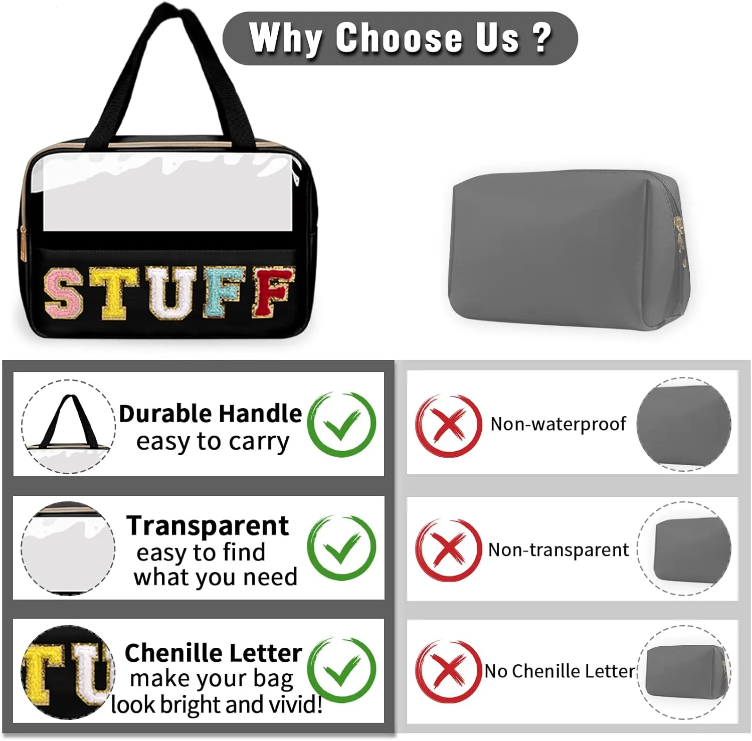 Chenille Letter Clear Makeup Bags Stuff Tote, Preppy Patch Makeup Bag Zipper with Handle, Waterproof PVC & Nylon Portable Glitter Large Cosmetic Travel Toiletry Storage for Women Girls(STUFF-Black)