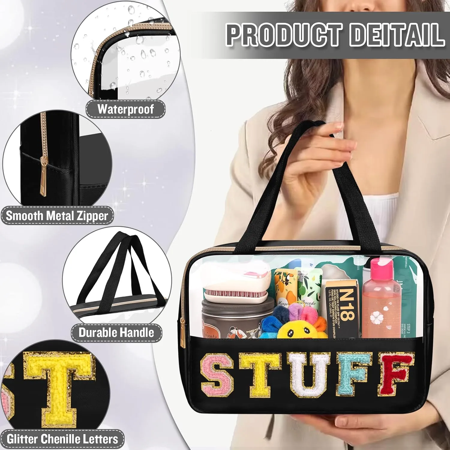 Chenille Letter Clear Makeup Bags Stuff Tote, Preppy Patch Makeup Bag Zipper with Handle, Waterproof PVC & Nylon Portable Glitter Large Cosmetic Travel Toiletry Storage for Women Girls(STUFF-Black)