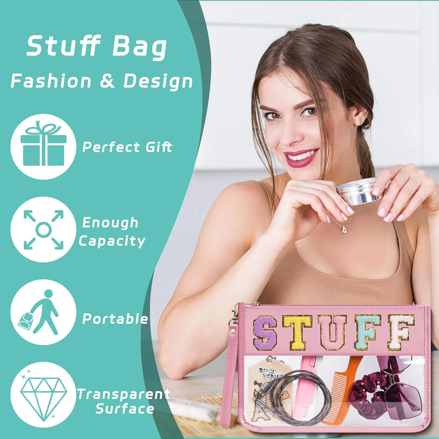Chenille Letter Clear Zipper Pouch for Travel, Nylon Clear Makeup Letter Bag, PVC Waterproof Cosmetic Bag, Snack Bags for Women Girls, Clear Stuff Bags For Travel(Pink-Stuff)