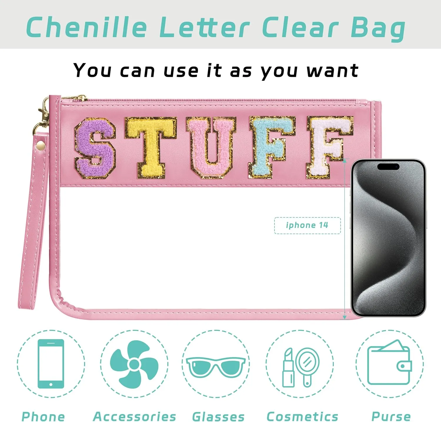 Chenille Letter Clear Zipper Pouch for Travel, Nylon Clear Makeup Letter Bag, PVC Waterproof Cosmetic Bag, Snack Bags for Women Girls, Clear Stuff Bags For Travel(Pink-Stuff)