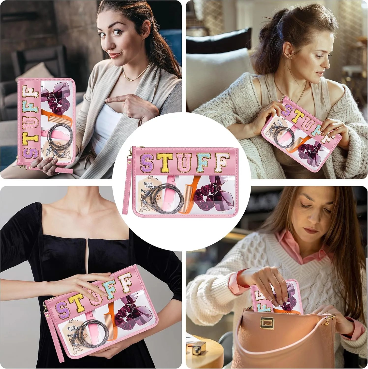 Chenille Letter Clear Zipper Pouch for Travel, Nylon Clear Makeup Letter Bag, PVC Waterproof Cosmetic Bag, Snack Bags for Women Girls, Clear Stuff Bags For Travel(Pink-Stuff)