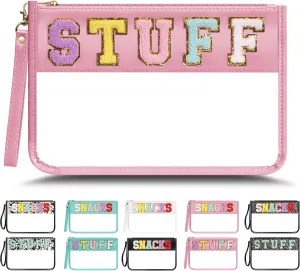 Chenille Letter Clear Zipper Pouch for Travel, Nylon Clear Makeup Letter Bag, PVC Waterproof Cosmetic Bag, Snack Bags for Women Girls, Clear Stuff Bags For Travel(Pink-Stuff)