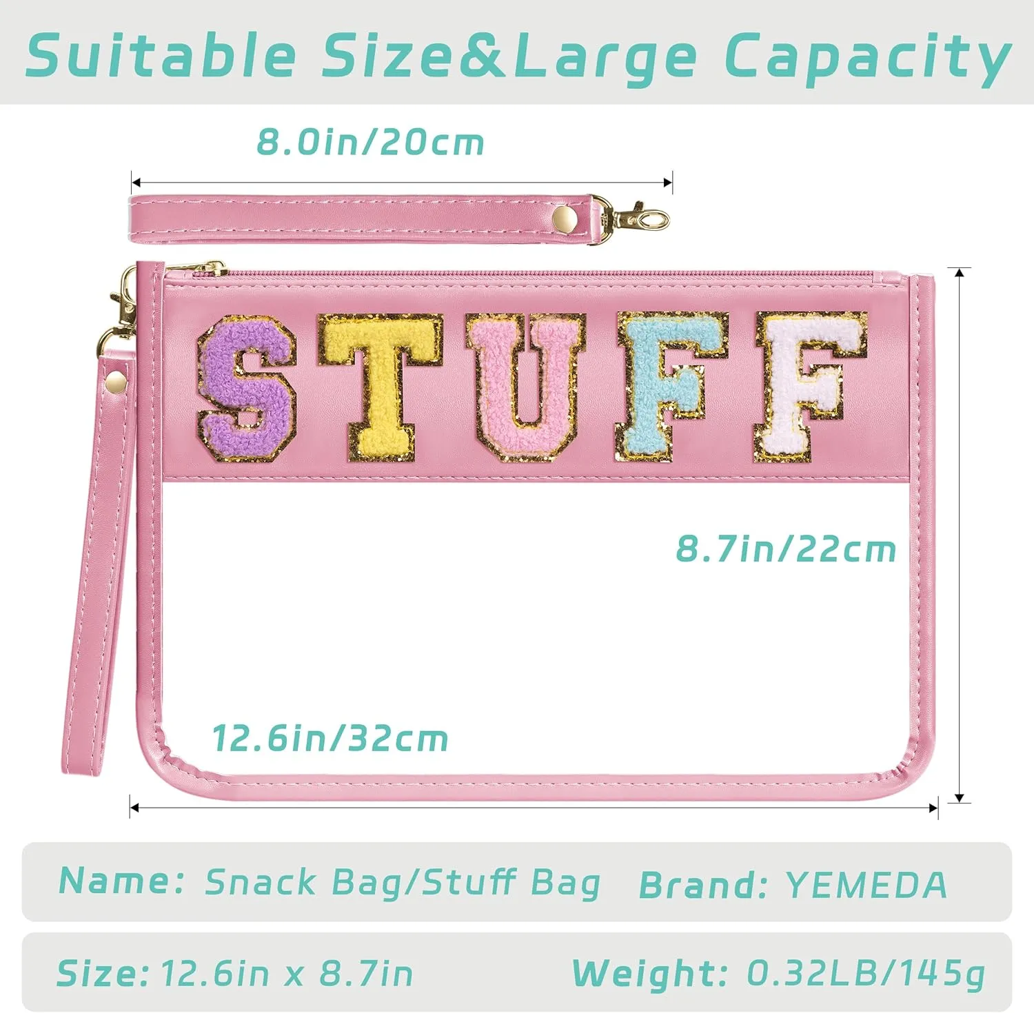 Chenille Letter Clear Zipper Pouch for Travel, Nylon Clear Makeup Letter Bag, PVC Waterproof Cosmetic Bag, Snack Bags for Women Girls, Clear Stuff Bags For Travel(Pink-Stuff)