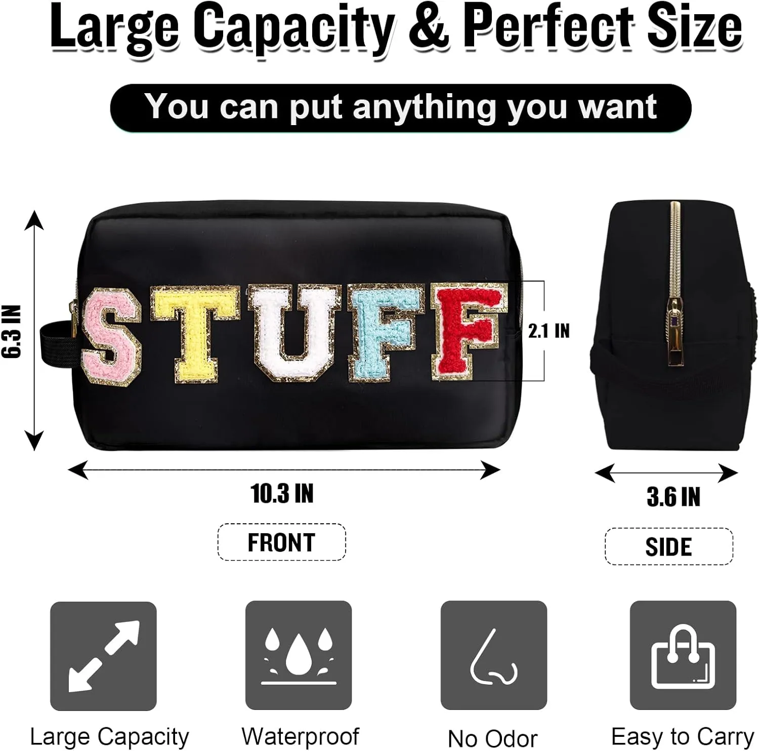Chenille Letter Makeup Bag Stuff Pouch, Nylon Preppy Patch Makeup Bag Small Travel Makeup Zipper Pouch Purse with Handle, Waterproof Portable Glitter Travel Toiletry Bag for Women Girls(STUFF-Black)