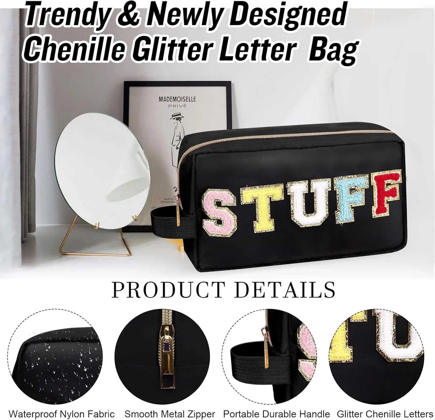 Chenille Letter Makeup Bag Stuff Pouch, Nylon Preppy Patch Makeup Bag Small Travel Makeup Zipper Pouch Purse with Handle, Waterproof Portable Glitter Travel Toiletry Bag for Women Girls(STUFF-Black)