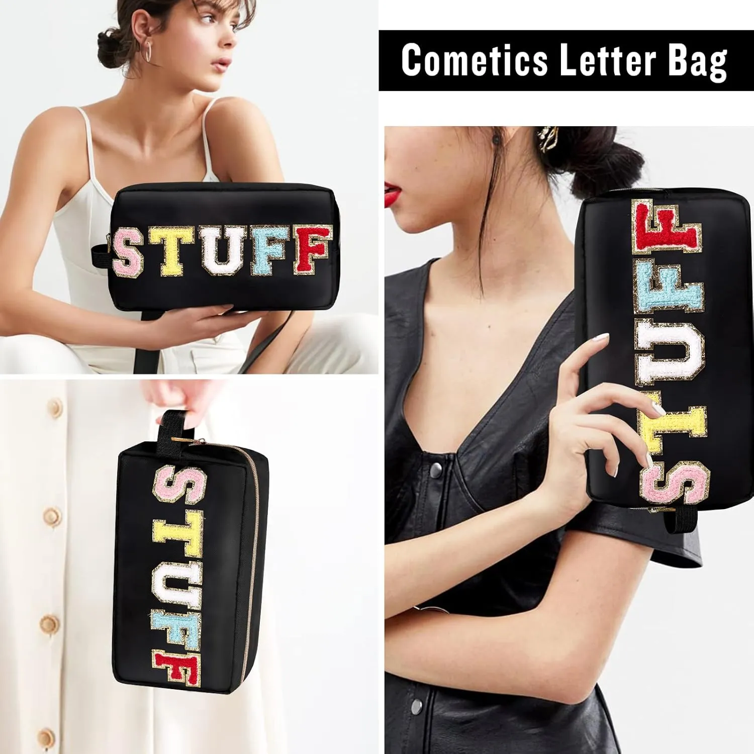 Chenille Letter Makeup Bag Stuff Pouch, Nylon Preppy Patch Makeup Bag Small Travel Makeup Zipper Pouch Purse with Handle, Waterproof Portable Glitter Travel Toiletry Bag for Women Girls(STUFF-Black)