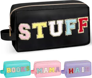 Chenille Letter Makeup Bag Stuff Pouch, Nylon Preppy Patch Makeup Bag Small Travel Makeup Zipper Pouch Purse with Handle, Waterproof Portable Glitter Travel Toiletry Bag for Women Girls(STUFF-Black)