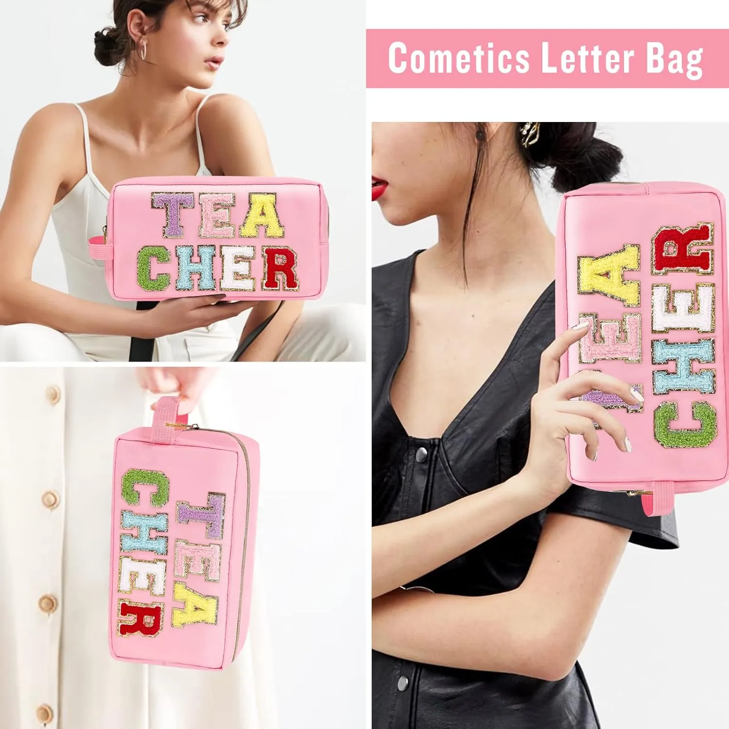 Chenille Letter Makeup Bag Teacher Pouch, Teacher Appreciation Gifts Nylon Preppy Patch Makeup Bag Small Travel Makeup Zipper Pouch with Handle, Waterproof Travel Toiletry Bag for Women(TEACHER-Pink)