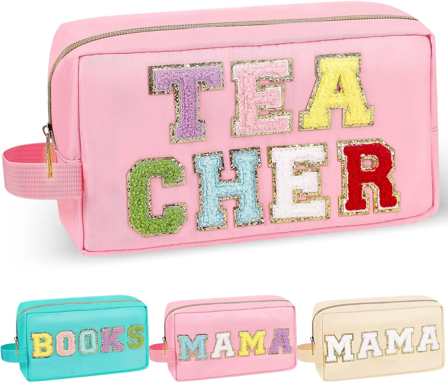 Chenille Letter Makeup Bag Teacher Pouch, Teacher Appreciation Gifts Nylon Preppy Patch Makeup Bag Small Travel Makeup Zipper Pouch with Handle, Waterproof Travel Toiletry Bag for Women(TEACHER-Pink)