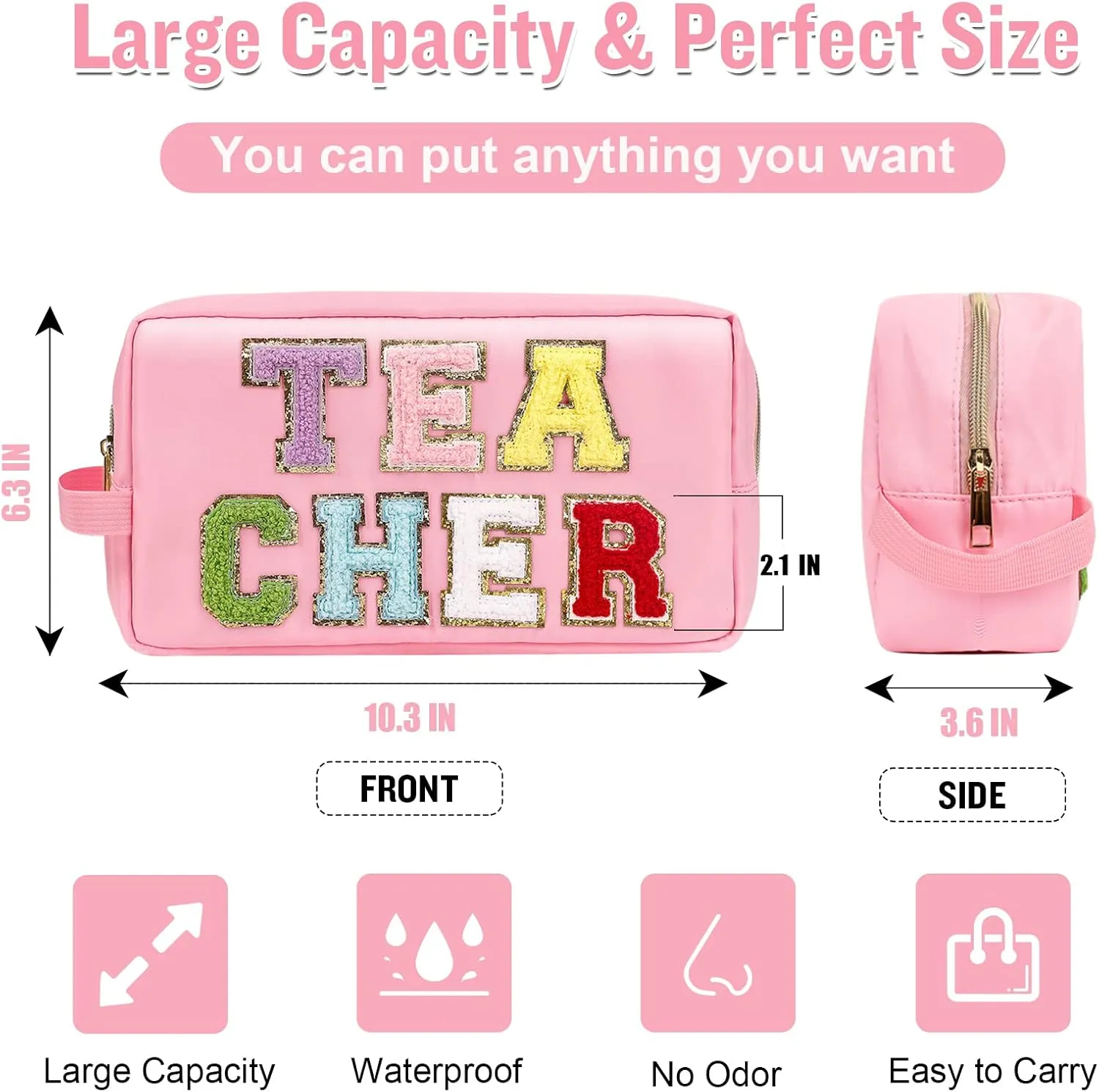 Chenille Letter Makeup Bag Teacher Pouch, Teacher Appreciation Gifts Nylon Preppy Patch Makeup Bag Small Travel Makeup Zipper Pouch with Handle, Waterproof Travel Toiletry Bag for Women(TEACHER-Pink)