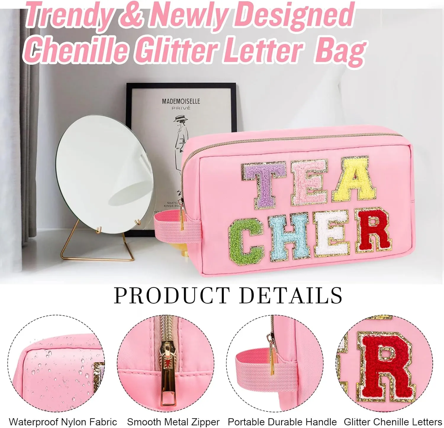 Chenille Letter Makeup Bag Teacher Pouch, Teacher Appreciation Gifts Nylon Preppy Patch Makeup Bag Small Travel Makeup Zipper Pouch with Handle, Waterproof Travel Toiletry Bag for Women(TEACHER-Pink)
