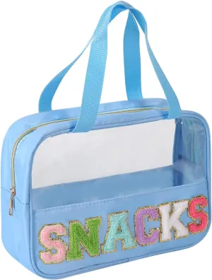 Chenille Letter Patch Clear Bag,Preppy Multi-purpose PVC&Nylon Clear Makeup Bag with Handles,Large Travel Makeup Toiletry Storage Zipper Pouch, Tote Bag for Women (Blue-SNACKS)