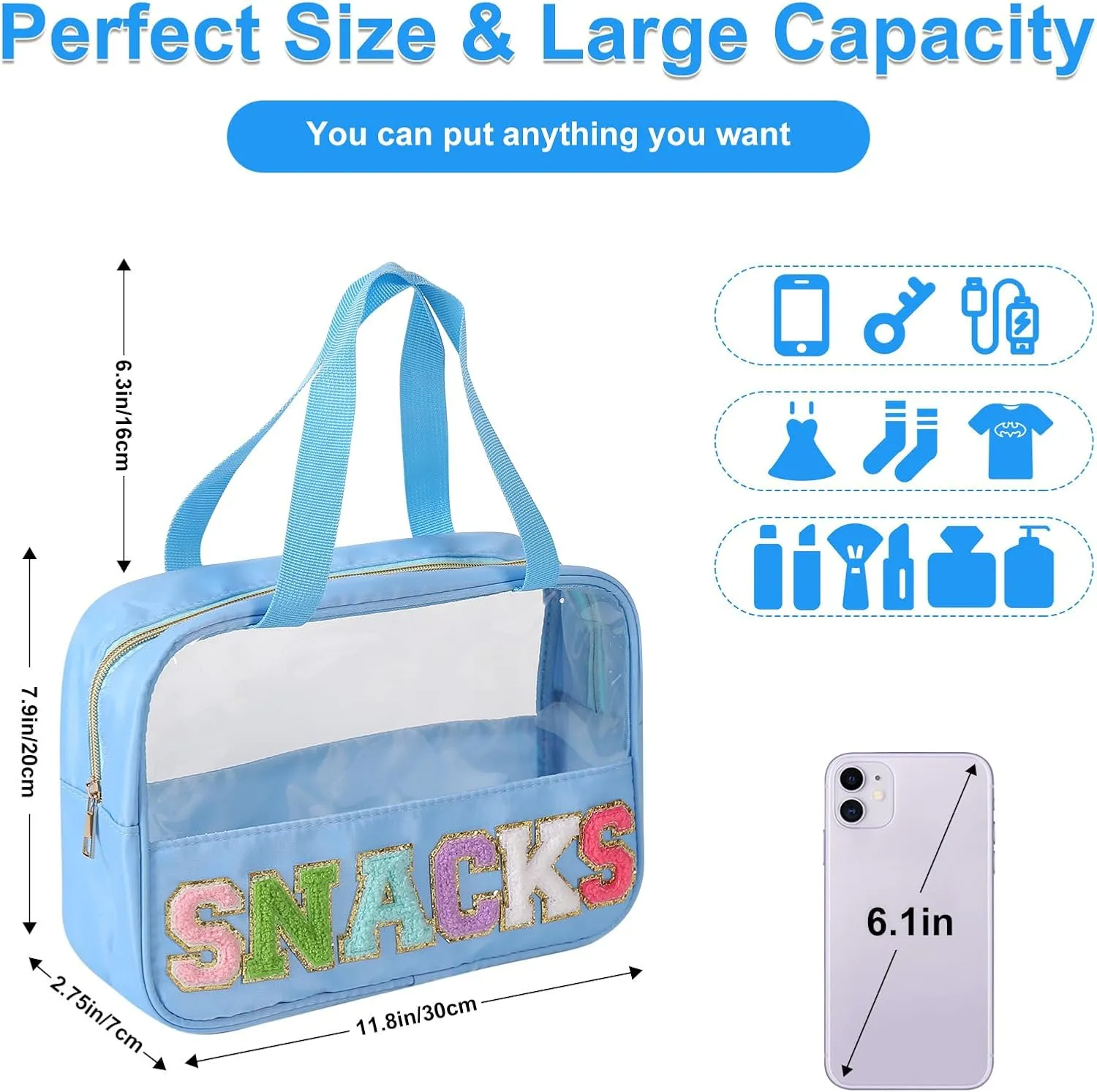 Chenille Letter Patch Clear Bag,Preppy Multi-purpose PVC&Nylon Clear Makeup Bag with Handles,Large Travel Makeup Toiletry Storage Zipper Pouch, Tote Bag for Women (Blue-SNACKS)