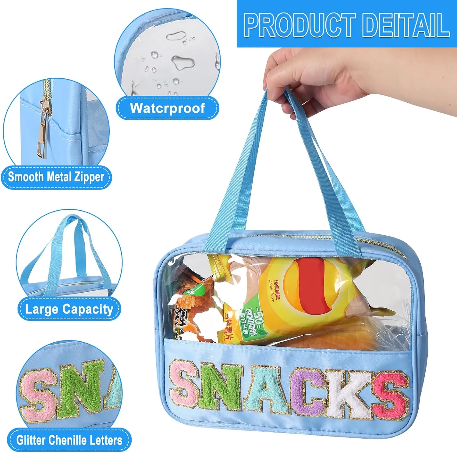 Chenille Letter Patch Clear Bag,Preppy Multi-purpose PVC&Nylon Clear Makeup Bag with Handles,Large Travel Makeup Toiletry Storage Zipper Pouch, Tote Bag for Women (Blue-SNACKS)