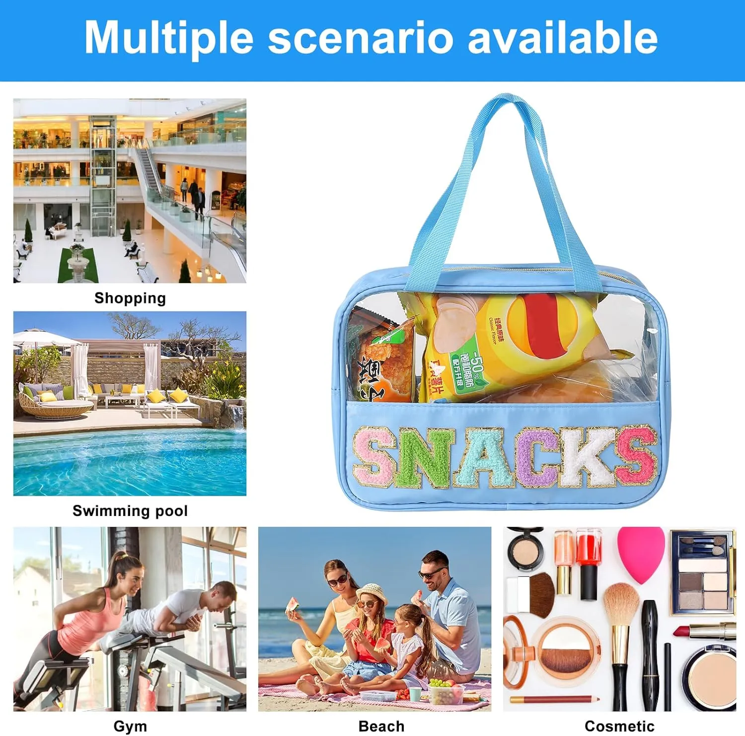 Chenille Letter Patch Clear Bag,Preppy Multi-purpose PVC&Nylon Clear Makeup Bag with Handles,Large Travel Makeup Toiletry Storage Zipper Pouch, Tote Bag for Women (Blue-SNACKS)