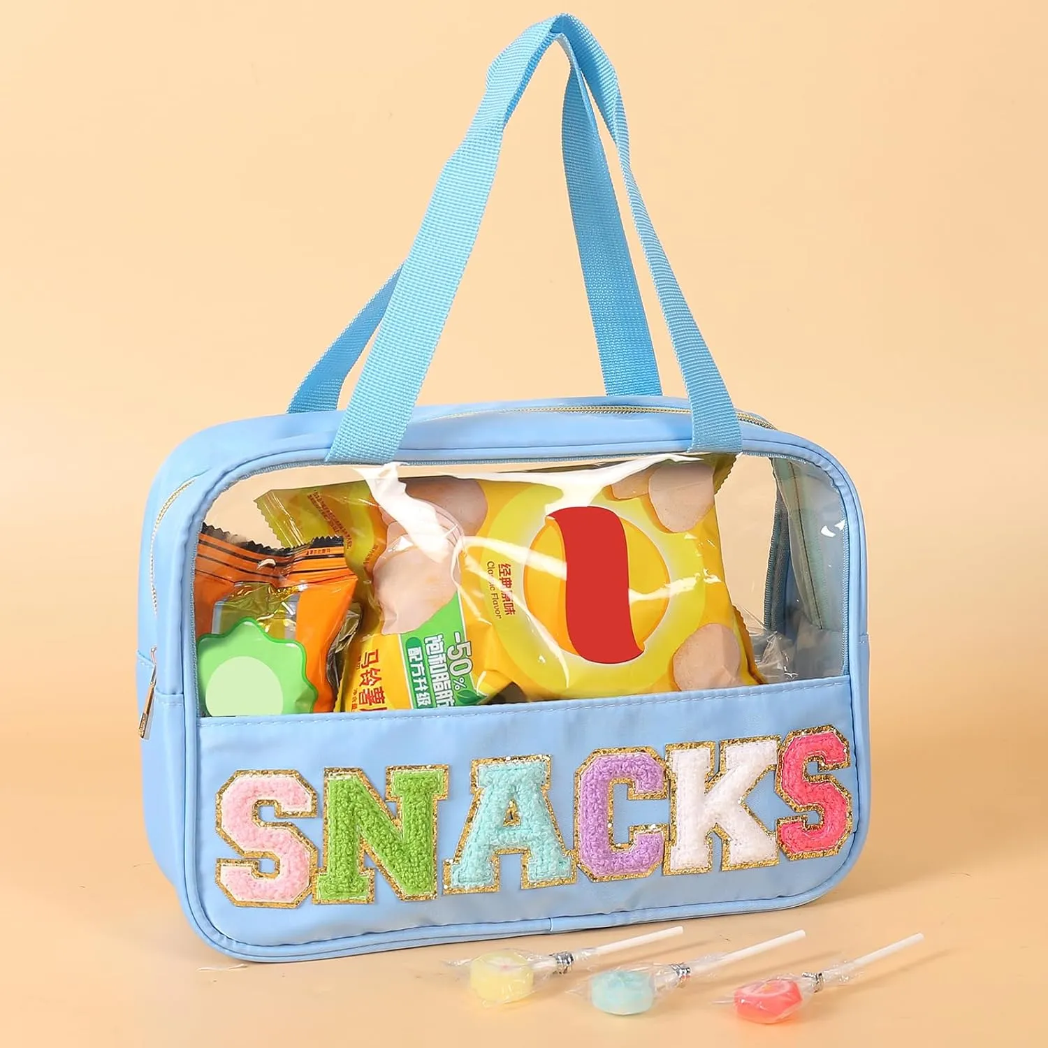 Chenille Letter Patch Clear Bag,Preppy Multi-purpose PVC&Nylon Clear Makeup Bag with Handles,Large Travel Makeup Toiletry Storage Zipper Pouch, Tote Bag for Women (Blue-SNACKS)