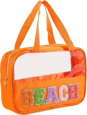 Chenille Letter Patch Clear Bag,Preppy Multi-purpose PVC&Nylon Clear Makeup Bag with Handles,Large Travel Makeup Toiletry Storage Zipper Pouch, Tote Bag for Women (Orange-BEACH)