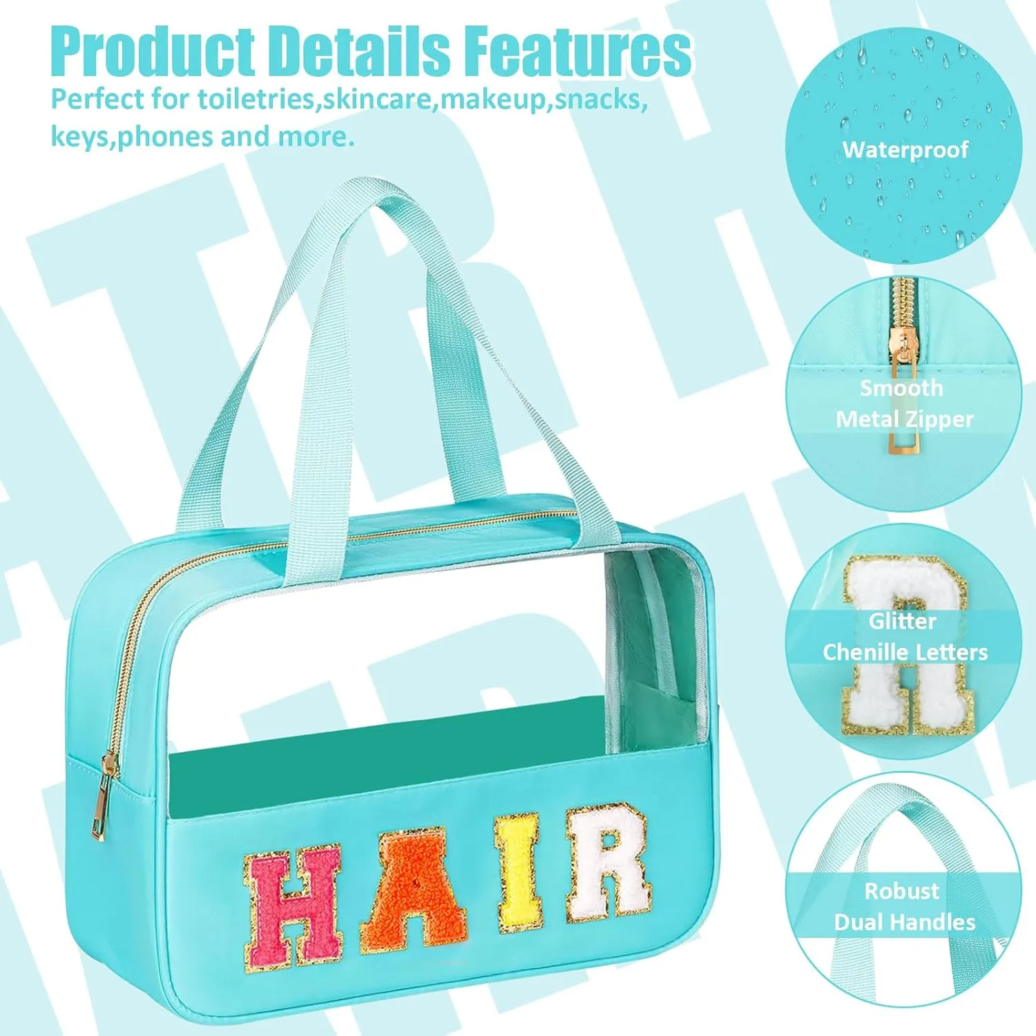 Chenille Letter Patch Clear Travel Bags, Preppy PVC&Nylon Makeup Bag with Handle and Zipper, Waterproof Large Clear Travel Toiletry Bag Storage Bag for Women Girls