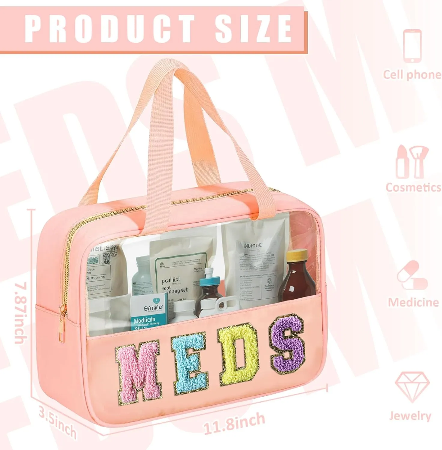 Chenille Letter Patch Clear Travel Bags, Preppy PVC&Nylon Makeup Bag with Handle and Zipper, Waterproof Large Clear Travel Toiletry Bag Storage Bag for Women Girls