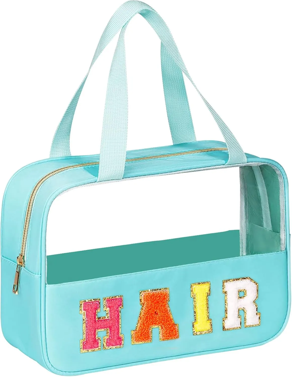 Chenille Letter Patch Clear Travel Bags, Preppy PVC&Nylon Makeup Bag with Handle and Zipper, Waterproof Large Clear Travel Toiletry Bag Storage Bag for Women Girls