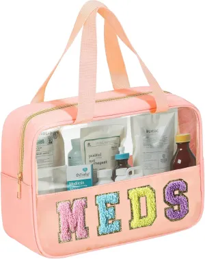 Chenille Letter Patch Clear Travel Bags, Preppy PVC&Nylon Makeup Bag with Handle and Zipper, Waterproof Large Clear Travel Toiletry Bag Storage Bag for Women Girls