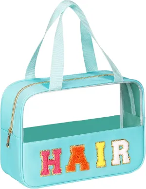 Chenille Letter Patch Clear Travel Bags, Preppy PVC&Nylon Makeup Bag with Handle and Zipper, Waterproof Large Clear Travel Toiletry Bag Storage Bag for Women Girls