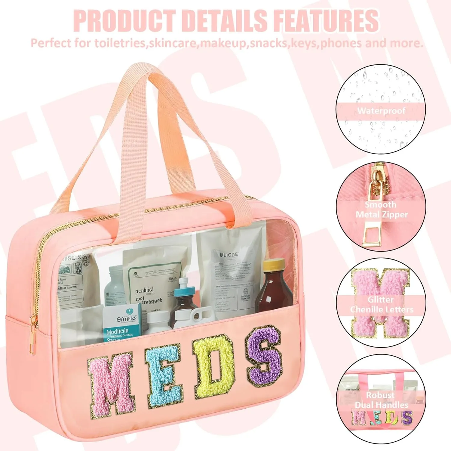 Chenille Letter Patch Clear Travel Bags, Preppy PVC&Nylon Makeup Bag with Handle and Zipper, Waterproof Large Clear Travel Toiletry Bag Storage Bag for Women Girls