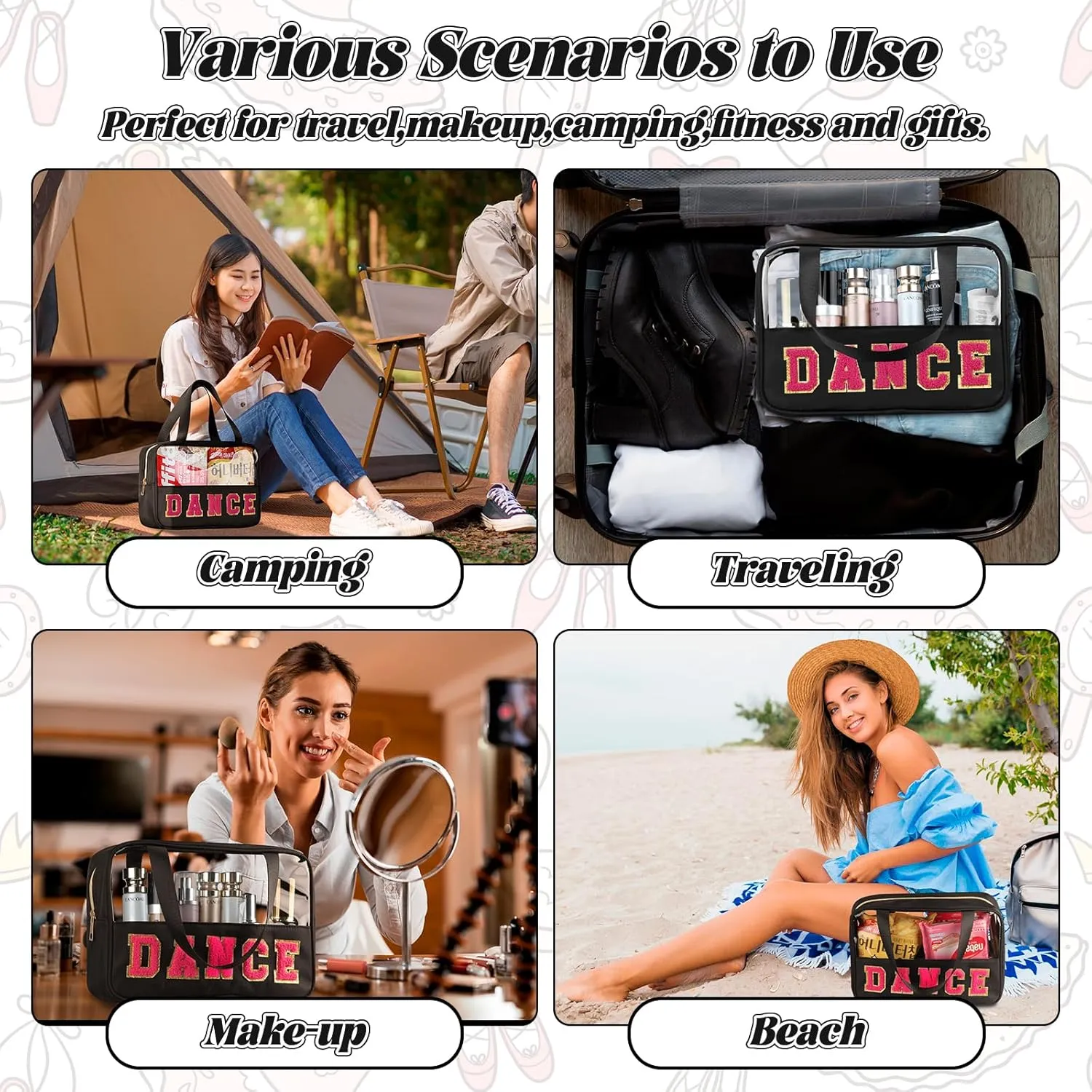 Chenille Letter Patch Clear Travel Bags, Preppy PVC&Nylon Makeup Bag with Handle and Zipper, Waterproof Large Clear Travel Toiletry Bag Storage Bag for Women Girls