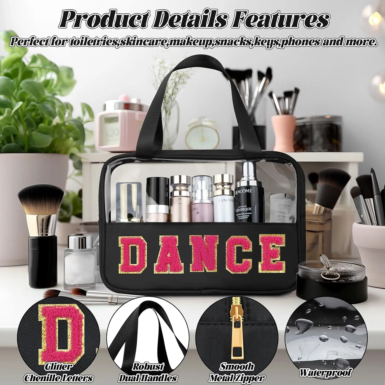 Chenille Letter Patch Clear Travel Bags, Preppy PVC&Nylon Makeup Bag with Handle and Zipper, Waterproof Large Clear Travel Toiletry Bag Storage Bag for Women Girls