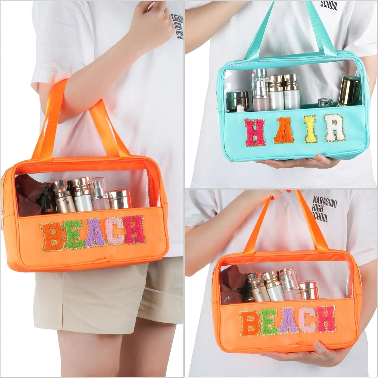 Chenille Letter Patch Clear Travel Bags, Preppy PVC&Nylon Makeup Bag with Handle and Zipper, Waterproof Large Clear Travel Toiletry Bag Storage Bag for Women Girls