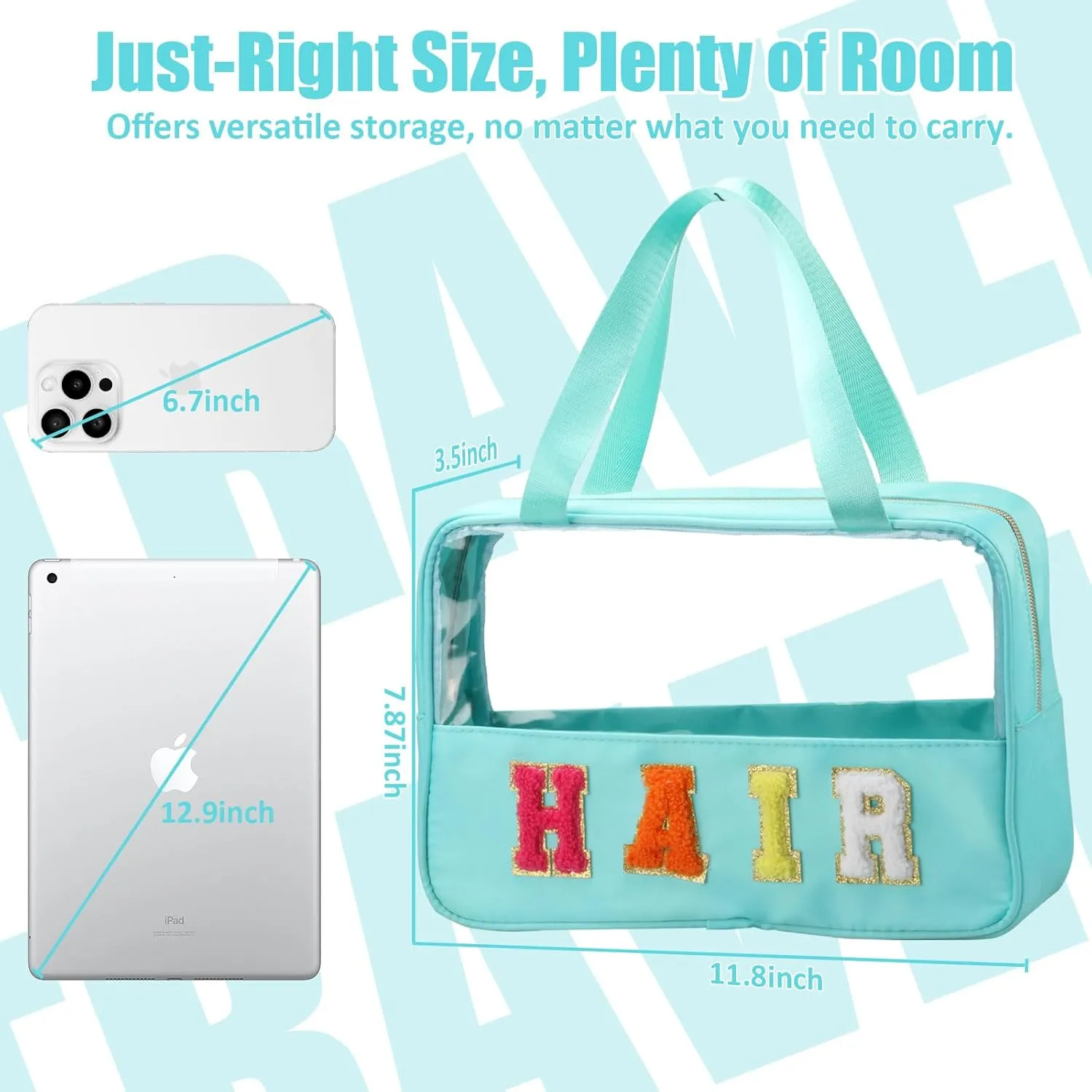 Chenille Letter Patch Clear Travel Bags, Preppy PVC&Nylon Makeup Bag with Handle and Zipper, Waterproof Large Clear Travel Toiletry Bag Storage Bag for Women Girls