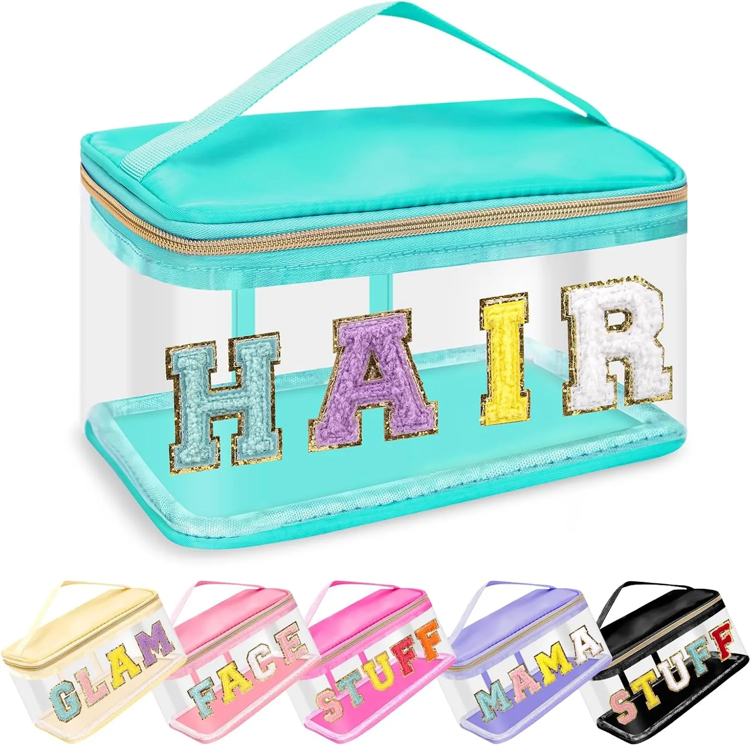 Chenille Letter Patches Clear Makeup Bags Hair Purse Pouch, Preppy Nylon Cosmetic Toiletry Storage Bag with Handle Zipper, Waterproof PVC Portable Makeup Travel Pouch for Women Girls(Green/HAIR)