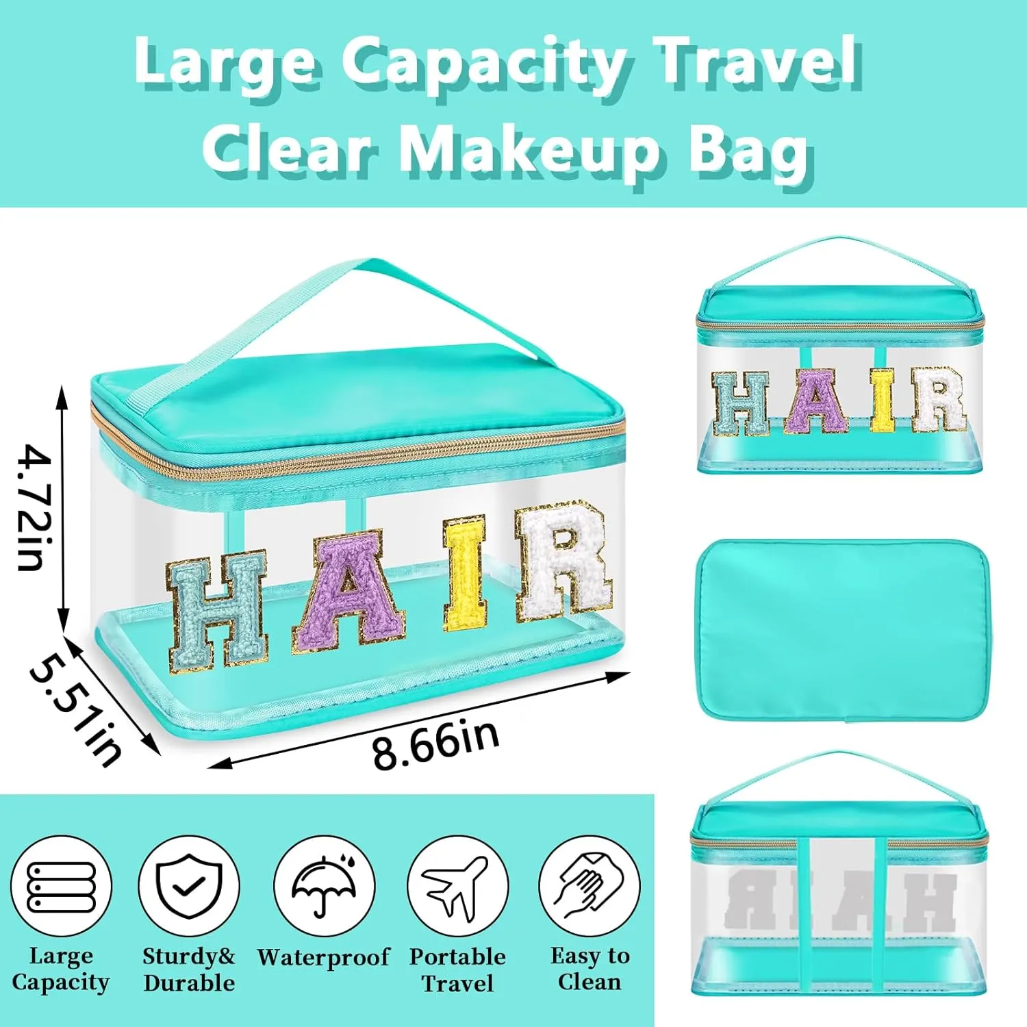 Chenille Letter Patches Clear Makeup Bags Hair Purse Pouch, Preppy Nylon Cosmetic Toiletry Storage Bag with Handle Zipper, Waterproof PVC Portable Makeup Travel Pouch for Women Girls(Green/HAIR)