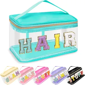 Chenille Letter Patches Clear Makeup Bags Hair Purse Pouch, Preppy Nylon Cosmetic Toiletry Storage Bag with Handle Zipper, Waterproof PVC Portable Makeup Travel Pouch for Women Girls(Green/HAIR)