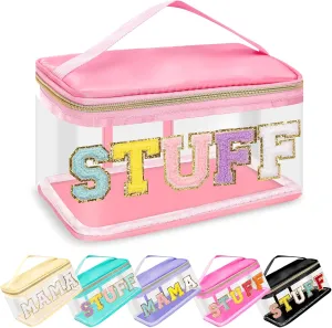 Chenille Letter Patches Clear Makeup Bags Stuff Purse Pouch, Preppy Nylon Large Cosmetic Toiletry Storage Bag with Handle Zipper, Waterproof PVC Portable Makeup Travel Pouch for Women Girl(Pink-STUFF)