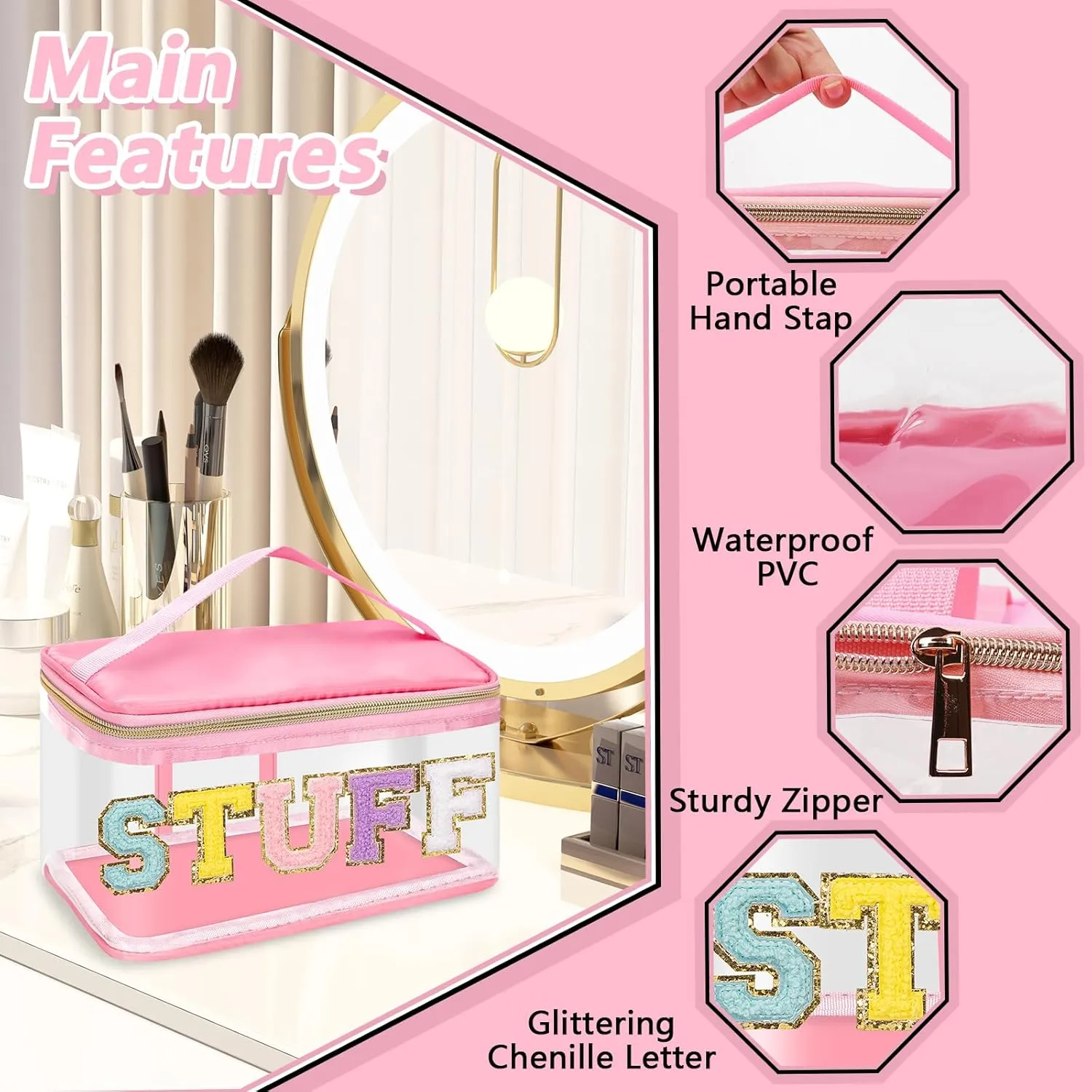 Chenille Letter Patches Clear Makeup Bags Stuff Purse Pouch, Preppy Nylon Large Cosmetic Toiletry Storage Bag with Handle Zipper, Waterproof PVC Portable Makeup Travel Pouch for Women Girl(Pink-STUFF)