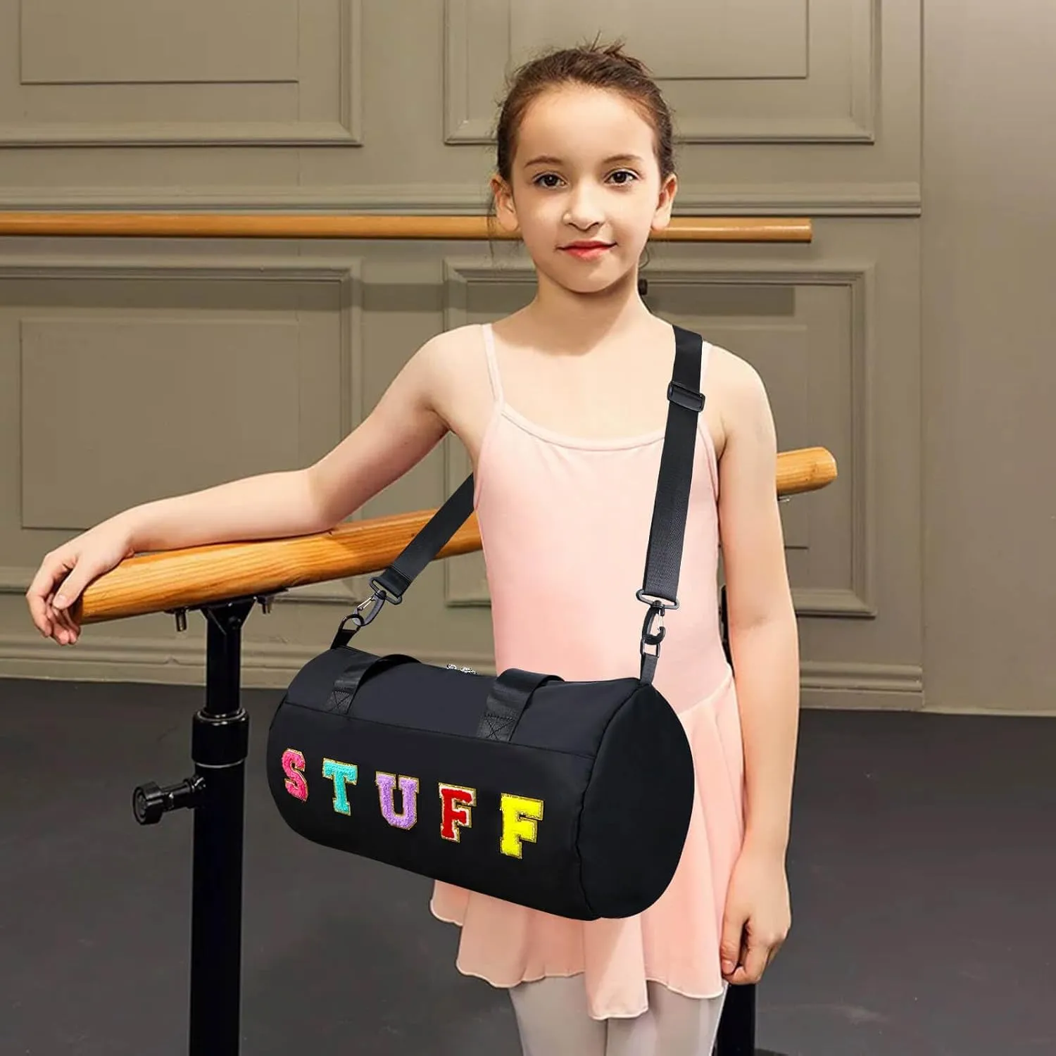 Chenille Letter Stuff Tote Bag 16 Inch, Small Gym Duffle Bag for Travel Dance Sports Workout Camping, Carry On Cheer Ballet Overnight Weekender Bags Birthday Gifts for Girls Kids Teens Women - Black